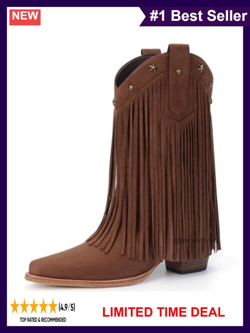 Fringe Cowboy Boots Women Mid Calf Pointed Toe Chunky Heel Western